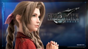 Aerith, einer der Charaktere aus dem Final Fantasy VII Remake, steht vor einem blauen Hintergrund
