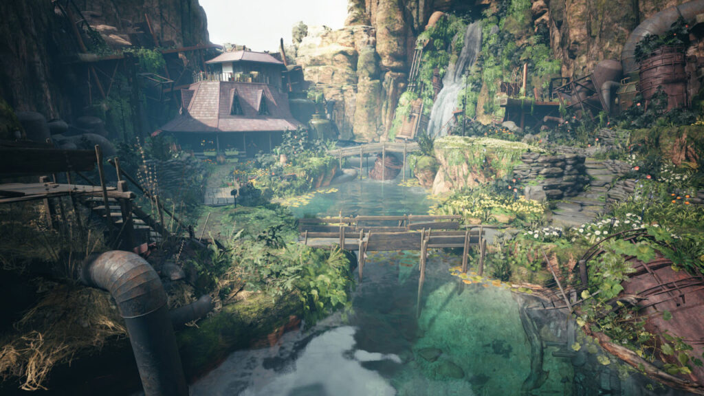Eine Landschaft aus dem Final Fantasy VII Remake ist dargestellt. Man sieht einen Wasserfall, einen See und ein Haus