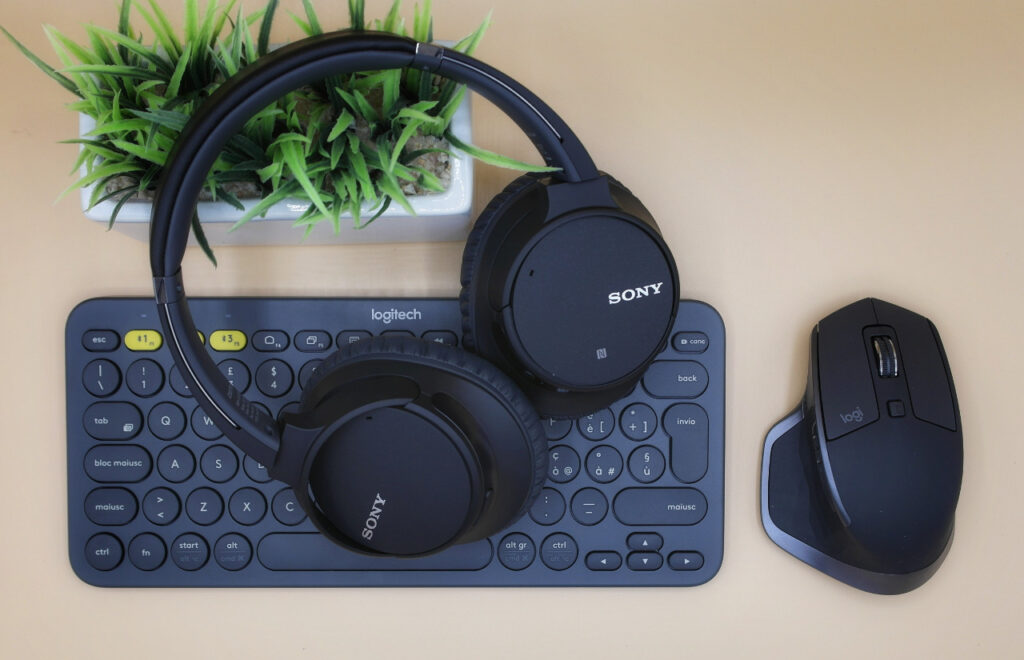 Eine ergonomische Maus liegt neben einer kabellosen Tastatur sowie Kopfhörer und eine kleine Pflanze