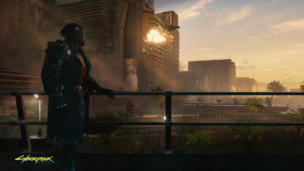 Einer der Charaktere steht an einer Railing und schaut über die Skyline von Night City