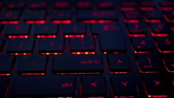 Eine Laptop-Tastatur wird von roten LEDs beleuchtet
