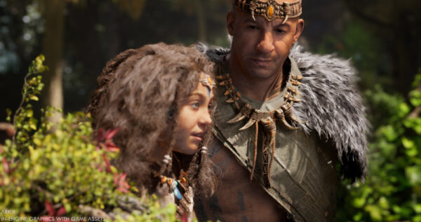 Vin Diesel in seinem Charakter Santiago steht mit einem Mädchen im Dschungel
