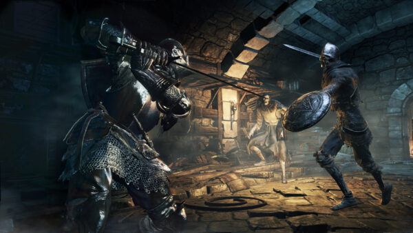 Ein Screenshot aus dem Spiel Dark Souls, auf dem der Hauptcharakter gegen ein Skelett kämpft