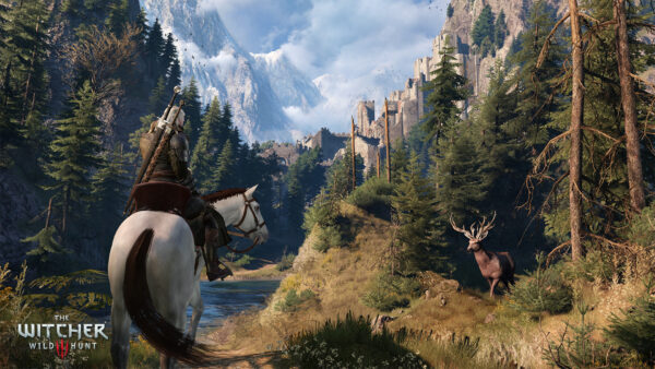 Screenshot aus dem Spiel "The Witcher": Geralt sitzt auf seinem Pferd im Wald und beide stehen einem Hirsch gegenüber