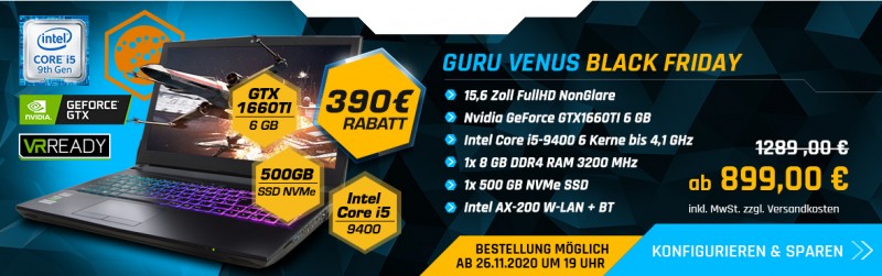 Guru Gaming Notebook VENUS GTX1660TI Black Friday